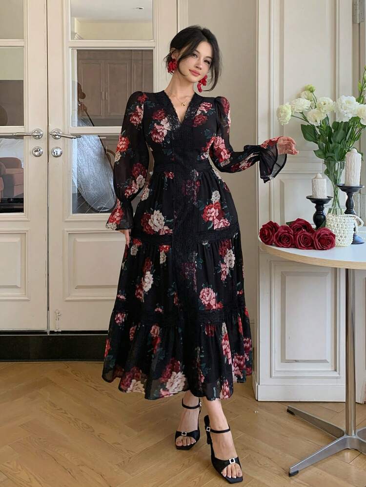 Women's V-Neck Lace Patchwork Floral Print Waist Cinched Maxi Elegant Dress Sundress