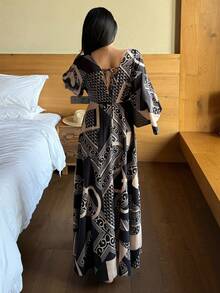 DAZY Retro Print Deep V-Neck Cinched Waist Long Nightgown For Women, Vacation - Black - View 2