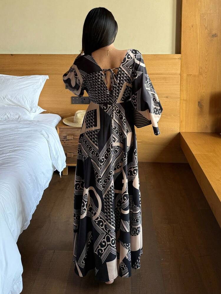 Retro Print Deep V-Neck Cinched Waist Long Nightgown For Women, Vacation