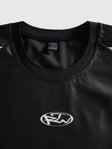 ROMWE MEN Essentials Áo thun da PU nam kiểu dáng thường ngày phối màu tương phản - màu đen - Xem 4