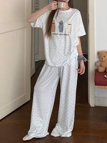 DAZY 两件套女士小熊印花波点宽松短袖睡衣套装 - 白色 - 查看 7