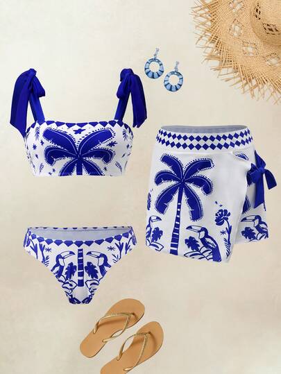 Swim Oasis 2022春夏度假海滩蓝白瓷椰树鹦鹉印花泳衣套装