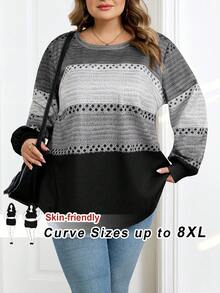 SHEIN CURVE+ 大码女式黑白灰仿羊毛条纹印花休闲简约圆领宽松卫衣/2026/新年 - 彩色 - 查看 4