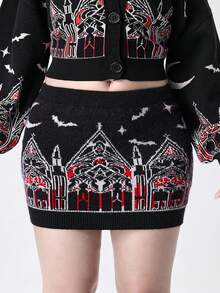 ROMWE Gothic Castle & Church Pattern Mini Bodycon Skirt For Plus Size Women - Black - View 5
