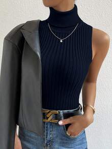 RosyDaze Atasan Rajut Elegan Tanpa Lengan Model Turtleneck Warna Polos - Royal Blue - View 7