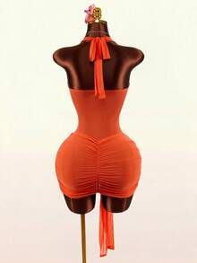 Amplova 2026 Early Spring New Arrival Low-Cut Shell Metal Accessory Front Tie Hem Women Mini Dress - Orange - View 3