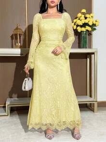 Feyla Women's Elegant Solid Color Lace Dress - Pale Yellow - View 6