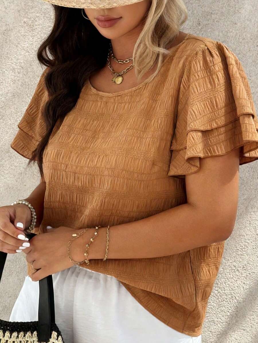 Weeklong Áo kiểu tay ngắn, viền bèo nhún. - màu nâu - Xem 1