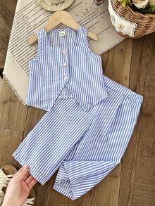 LMoss Kids Baby Girl Casual Striped Camisole And Pants Set, Summer - Blue and White - View 5