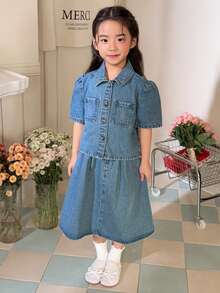 DAZY Young Girl Casual Denim Set: Puff Sleeve Button-Up Shirt And Mini Skirt