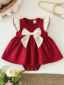 SHEIN Baby Girl Cute Summer Versatile Bow-Tie Fleece Sleeve Bodysuit - Multicolor - View 2
