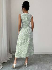 Rafferiza Đầm không tay xếp nếp họa tiết hoa màu xanh dương kiểu Pháp dành cho nữ, thích hợp cho kỳ nghỉ. - xanh xám - Xem 2