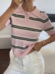 DAZY Women's Contrast Stripe Fitted Short Sleeve Polo Collar Casual Lightweight Knit Sweater Top, Spring/Autumn - Pink - View 4