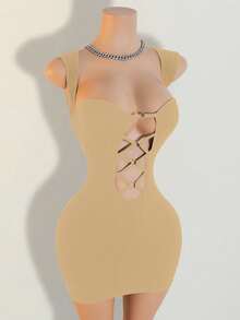 Mistrie 女士性感简约纯色钥匙孔领交叉镂空修身连衣裙，夏季 - 棕色 - 查看 4