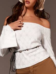 Athîral 女士休闲露肩长袖白色针织宽松弹力上衣，春夏款 - 白色 - 查看 5