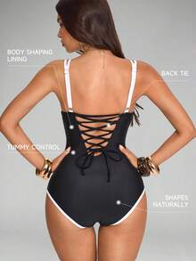Shapewave 1pc Women's Black & White Striped Backless Tie-Up One-Piece Swimsuit - Black and White - View 10