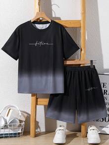 SHEIN 2pcs/Set Tween Boy Casual Gradient English Print Short Sleeve T-Shirt And Shorts Set, Street Style Suitable For Spring/Summer - Black - View 4