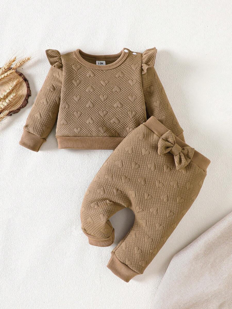 SHEIN Playful Pals طقم بنطلون ولباس علوي كاجوال بأكمام طويلة للبنات الصغيرات، خريف/شتاء - بني - مشاهدة 1