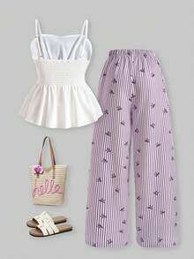 SHEIN ChillGRL 2pcs/Set Teen Girls' Sweet Casual Bow Tie Camisole Top Paired With Textured Print Wide Leg Pants Set, Suitable For Daily, Commute, Casual, Vacation, Party, Street Style - Mauve Purple - View 2