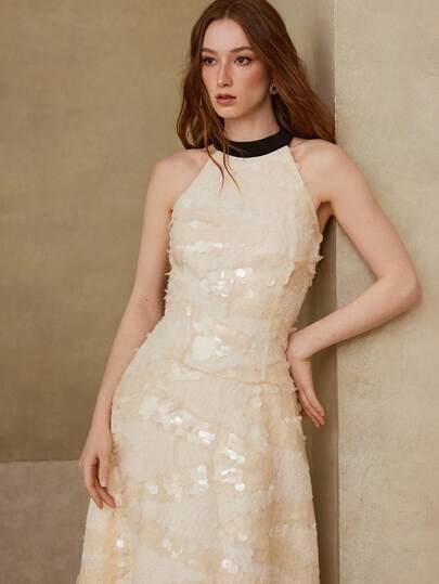 MOTF PREMIUM 女士亮片露背撞色低腰A字连衣裙