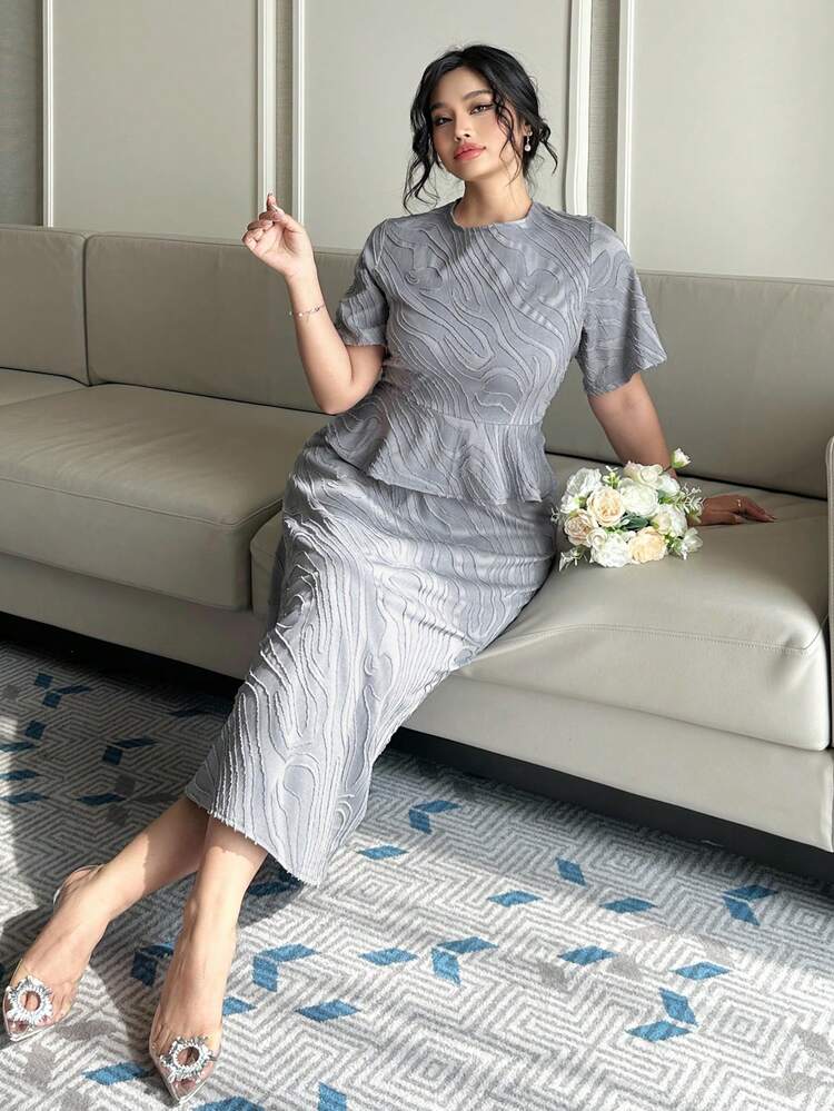 Dazy Plus Plus Size Elegant 2 Pieces Set: Fitted Short Sleeve Top With Jacquard & Cut-Out Details, And Midi Pencil Skirt Lounge Sets For Women
