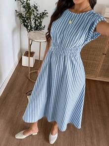 EMERY ROSE Women's Summer Striped Round Neck Batwing Short Sleeve Casual Long Dress - Blue and White - View 6
