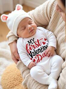 1 Pack Newborn Baby Pajamas, Heart & Letter Print Knitted Envelope Collar Long Sleeve Footie Sleepwear, Suitable For Everyday Wear And Lounging, All Season - White - View 1