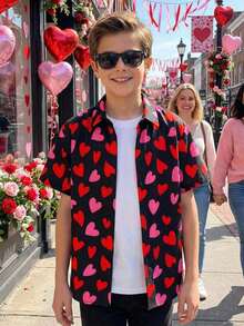 SHEIN Tween Boy Casual Loose Heart Pattern Polo Collar Short Sleeve Shirt, Suitable For Commuting, School, Daily Casual Wear, Sports, Spring/Summer - Black - View 4