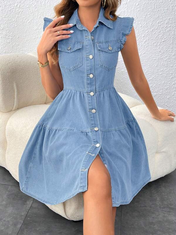 EMERY ROSE Lätt denimklänning med flygande ärmar för vår/sommar, avslappnad, snygg och bekväm jeansklänning