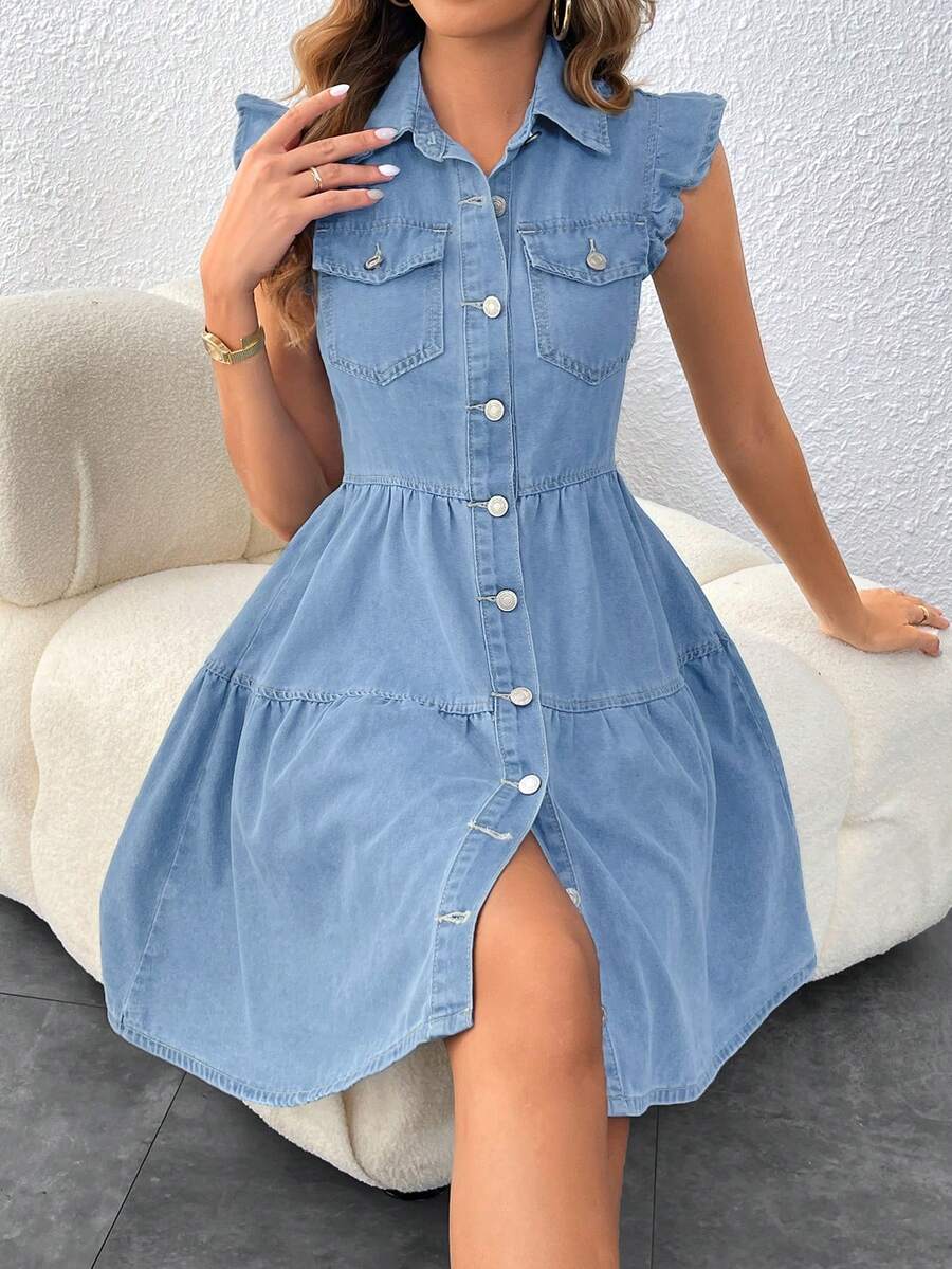 EMERY ROSE Đầm denim mỏng tay bồng dành cho nữ, thích hợp cho mùa xuân/hè, kiểu dáng thường ngày, thời trang và thoải mái. - Rửa nhẹ - Xem 1