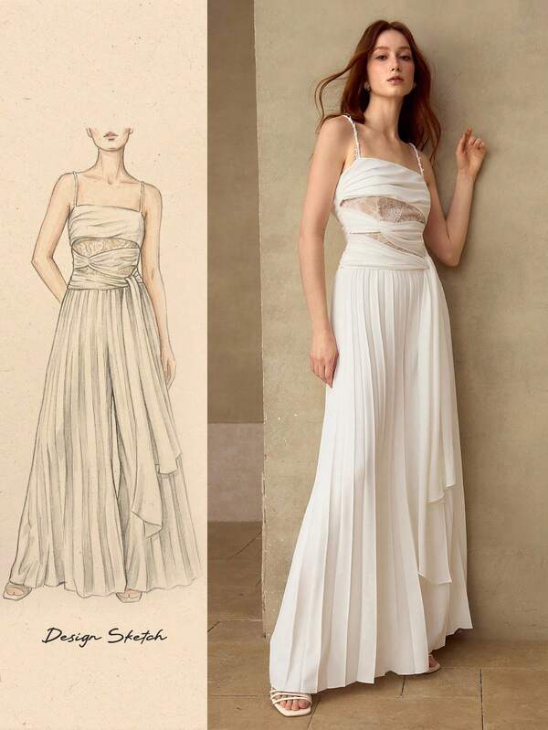 MOTF PREMIUM ELEGANT LACE PATCHWORK STRUCTURED TIE SIDE PLEATED WIDE LEG JUMPSUIT