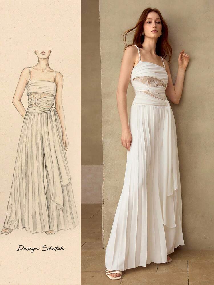 ELEGANT LACE PATCHWORK STRUCTURED TIE SIDE PLEATED WIDE LEG JUMPSUIT