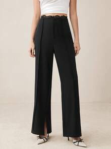 SHEIN Tall CURVE 新款加大码女式高个女孩黑色休闲蕾丝拼接阔腿裤，高腰设计，显瘦显腿长，适合高个女性。适合所有季节和场合，适合高个女孩和女性，夏季阔腿裤，夏季休闲装，夏季度假装，女士长裤，春季装，阔腿裤，办公裤，优雅裤，休闲裤，夏季高腰显瘦阔腿裤，优雅女士礼服裤，优雅派对裤，女士优雅裤，优雅长裤，女士度假装，女士假日装，夏季假日装服装、夏季度假服装、女士休闲裤、女士性感裤、狂欢节服装、2026年狂欢节女士造型、2026年狂欢节女士服装、狂欢节女士服装 - 黑色 - 查看 5