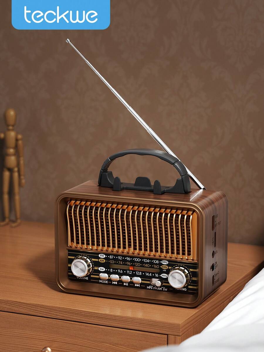 Teckwe Retro Style Portable Radio, Old Fashion Style Radio, Wireless Speaker, FM/AM/SW Adjustable Antenna, Rechargeable Battery Powered & USB Charging, Support TF Card, USB Mp3 Playing Music - wood color - View 1