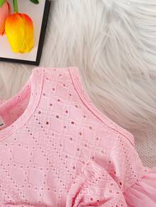 SHEIN 两件套女婴甜美公主裙套装，粉色荷叶边袖外套+无袖连衣裙，松紧腰蝴蝶结设计，时尚百搭，适合日常穿着 - 粉色 - 查看 4