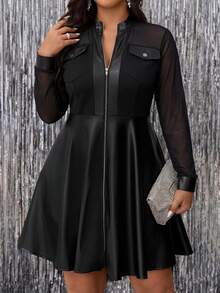 SHEIN Clasi Đầm dáng rộng phối lưới tương phản, khóa kéo, thích hợp cho mùa thu. - màu đen - Xem 9