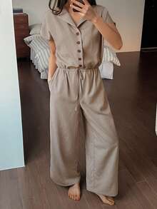 DAZY 女士极简半拉链收腰连体裤家居服 - 卡其色 - 查看 4