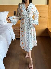 DAZY Bata holgada de mujer con estampado floral, perrito feliz y contrastes de patchwork - Blanco - Ver 3