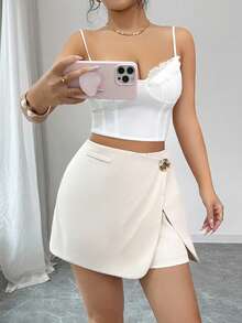 SHEIN Elenzya Light Khaki High Waist A-Line Shorts With Metal Buckle Decor, Slimming Effect - Khaki - View 7