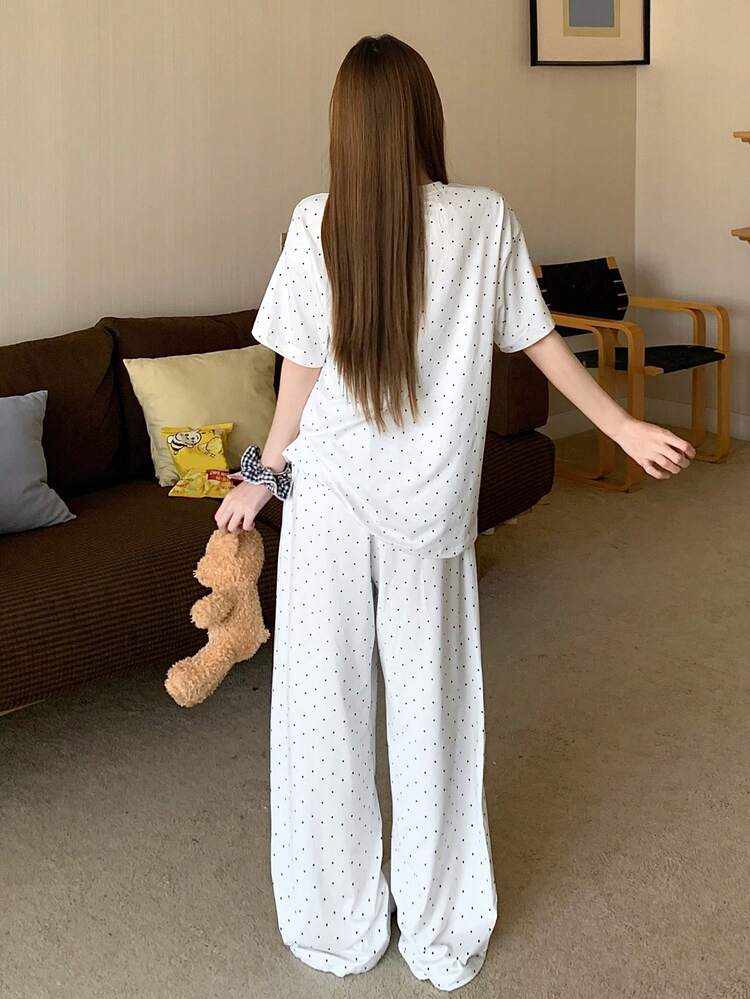 2pcs Women Bear Print Polka Dot Loose Short Sleeve Pajama Set