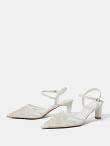 CUCCOO HITCHD Women's Embroidered Beaded Pointed Toe Chunky Heel High Heels, Elegant Slingback Pumps, Fashion For Wedding, Valentine's Day, Tea Party, Graceful Outfit Valentine's Day - White - View 4