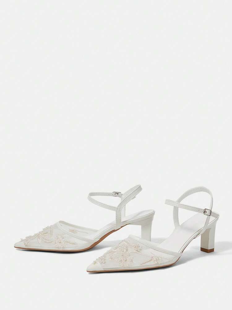CUCCOO HITCHD Salto Alto Feminino de Bico Fino com Bordado e Contas, Elegantes Sapatos de Salto Slingback, Moda para Casamento, Dia dos Namorados, Chá da Tarde, Visual Gracioso - Branco - Visão 4