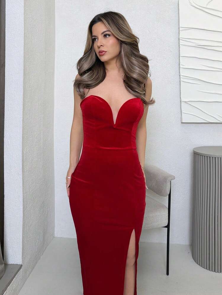 Jemour Vestido midi de mujer con cuello en V de terciopelo, sin mangas y con abertura alta - Rojo - Añade 5