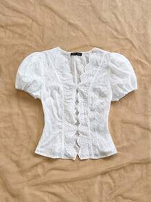 Soleia Women's Hollow Out Embroidery Puff Sleeve Casual Blouse - White - View 4