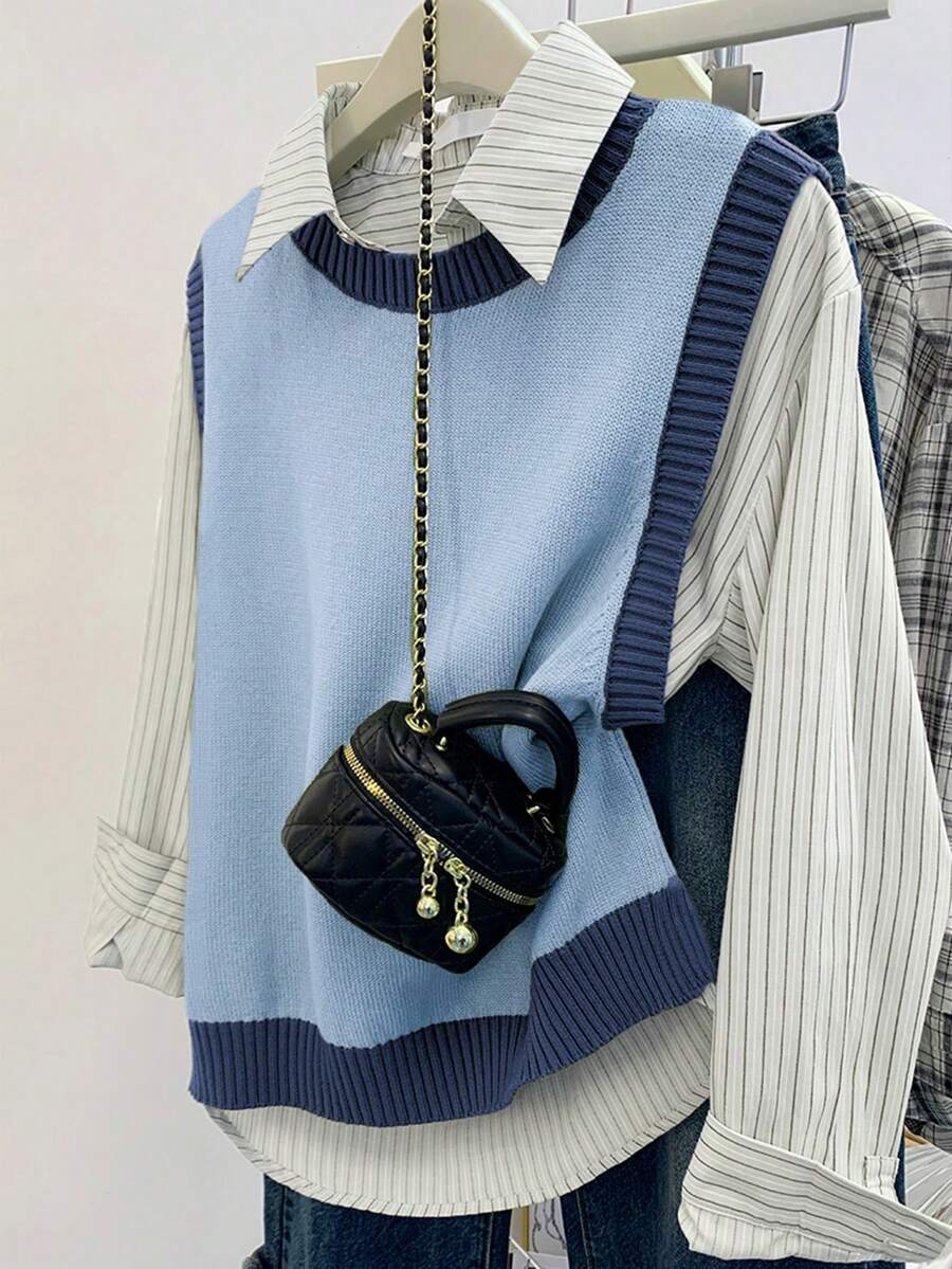 SHEIN Franclia 大码女式撞色滚边无袖针织上衣 - 彩色 - 查看 1