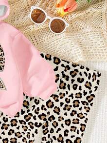 Conjunto de 2 peças para bebês meninas com estampa casual chique de leopardo, composto por moletom com capuz rosa com laço e calça legging com estampa de leopardo. Ideal para outono/inverno. - Multicolorido - Ver 4