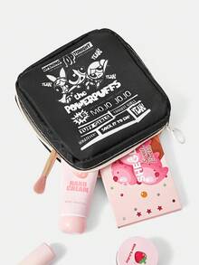 THE POWERPUFF GIRLS X SHEIN 1个印花洗漱包，旅行收纳化妆包，可装旅行必需品和化妆品 - 黑色 - 查看 5