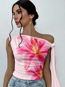 Firerie Women's Elegant Sexy Fashion Beach Vacation Pink Lily Print Asymmetrical Neck Twist Front Fitted Blouse - Pink - View 7