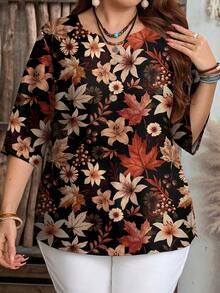 Mellowie Plus Size Plant Print Casual Shirt, Suitable For Summer - Multicolor - View 4