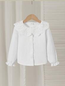 SHEIN Girls Elegant Embroidered Ruffle Collar Princess Long Sleeve Button-Front Casual Fashion Princess Blouse, Suitable For School, Vacation, Travel, Birthday Party, Spring/Autumn - White - View 5